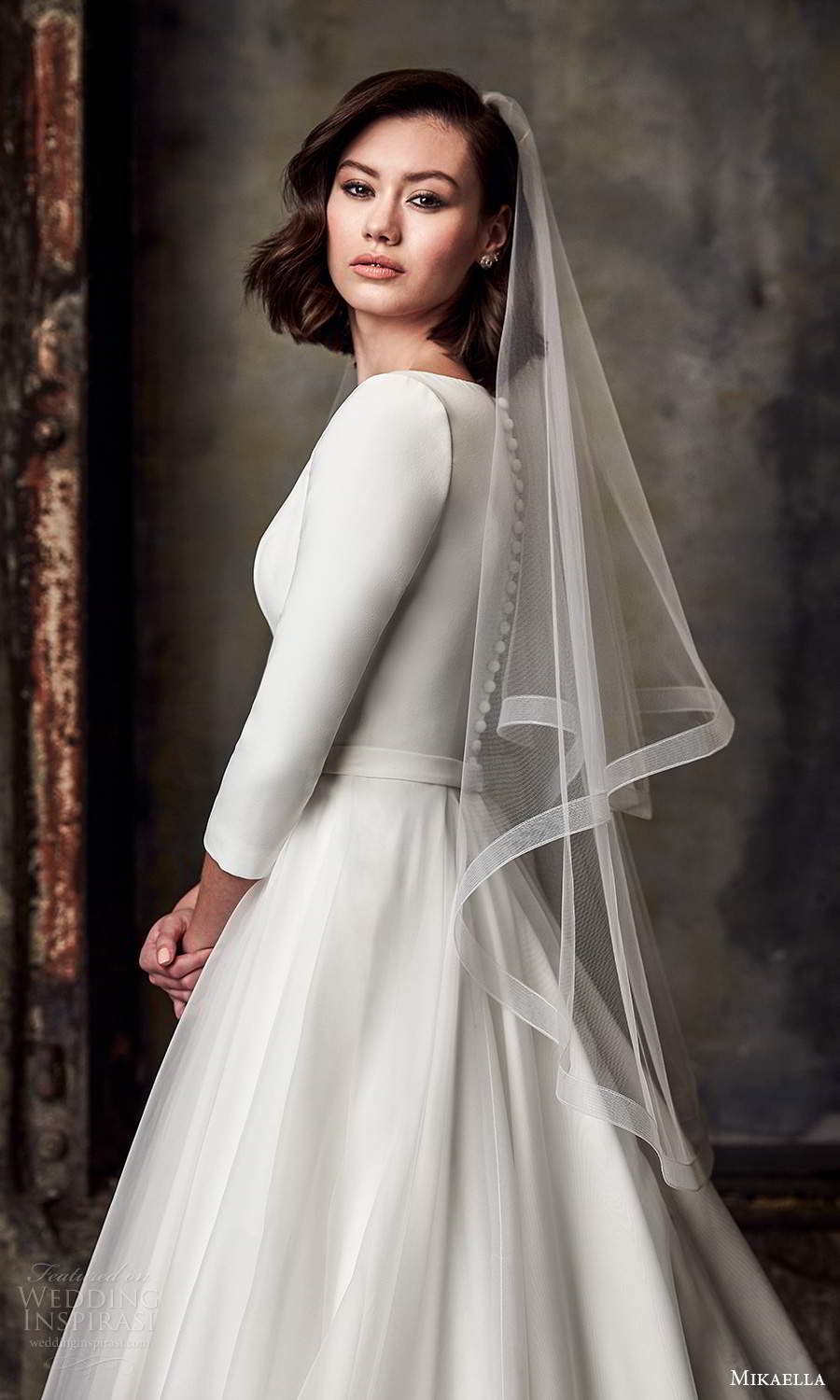 mikaella fall 2020 bridal 3 quarter sleeves bateau neckline clean minimalist a line ball gown wedding dress chapel train (2) zsv