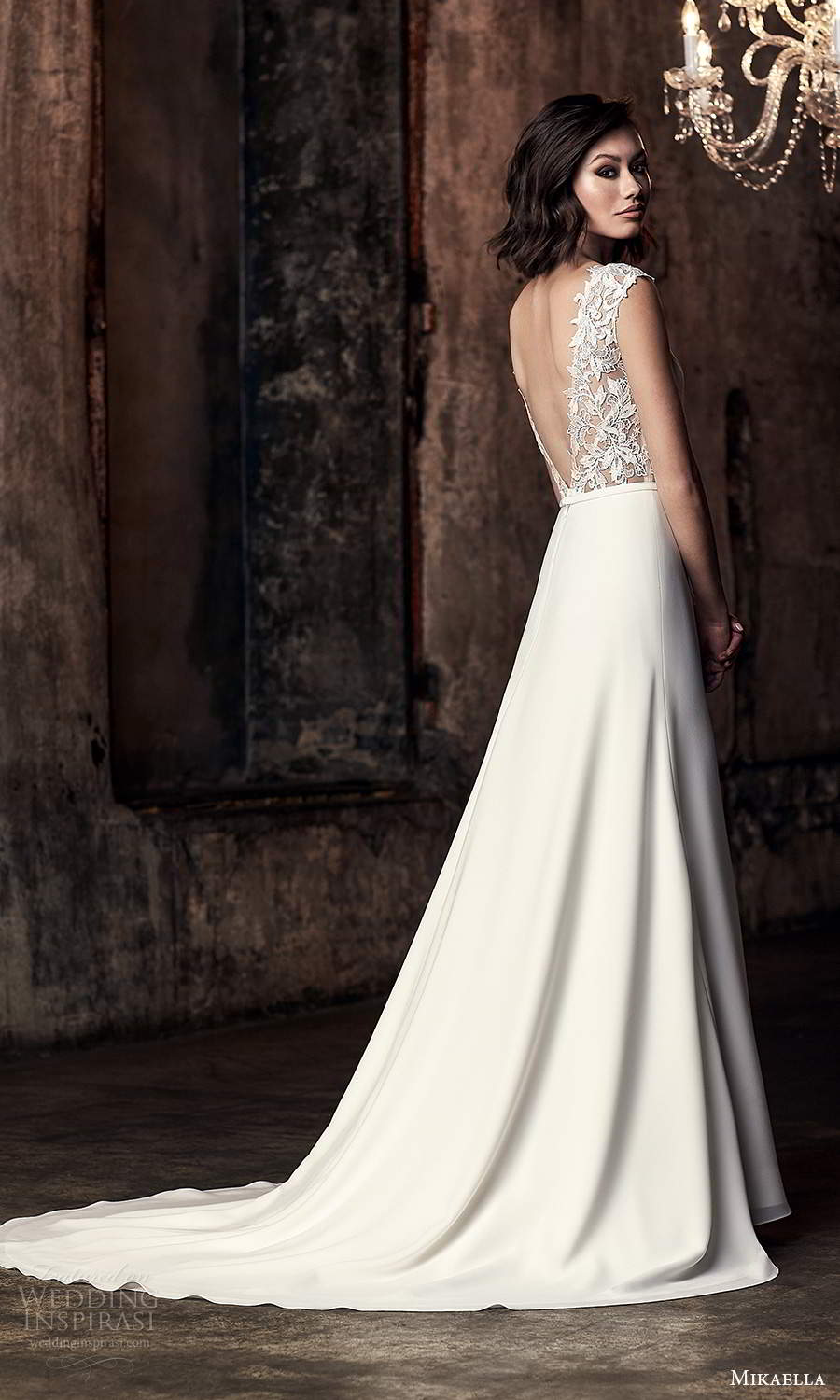 mikaella fall 2020 bridal cap sleeves plunging v neckline clean minimalist sheath wedding dress chapel train (12) bv
