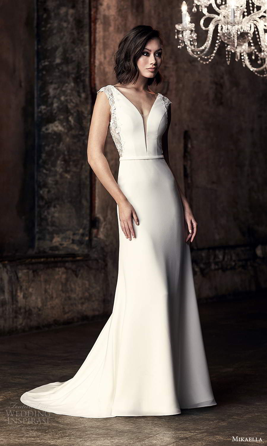 mikaella fall 2020 bridal cap sleeves plunging v neckline clean minimalist sheath wedding dress chapel train (12) mv