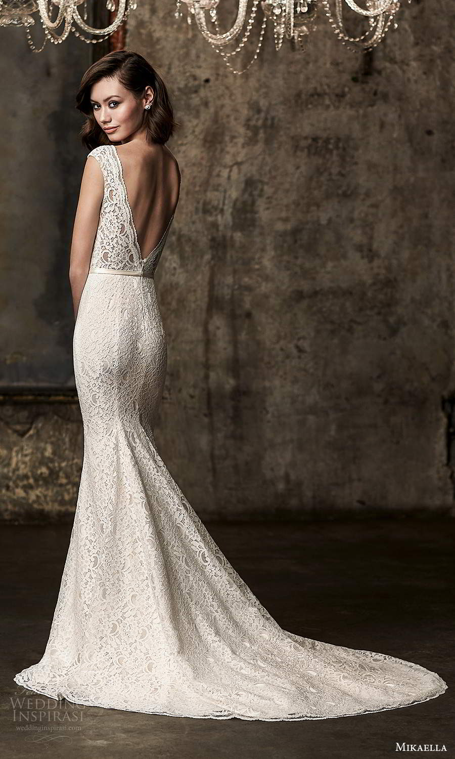 mikaella fall 2020 bridal cap sleeves plunging v neckline fully embellished lace sheath wedding dress v back chapel train (13) bv