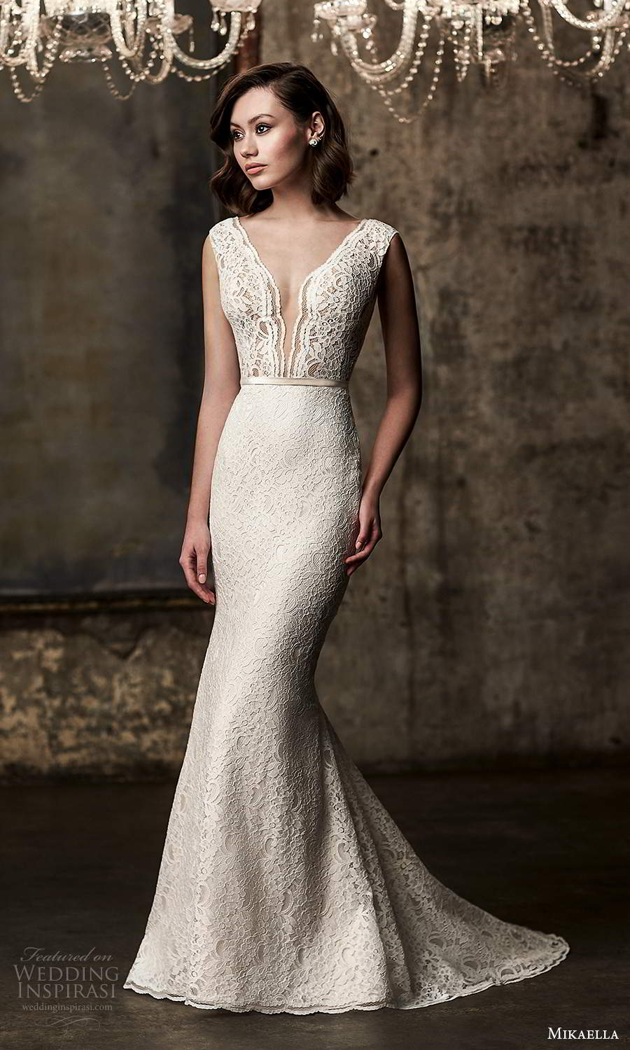 mikaella fall 2020 bridal cap sleeves plunging v neckline fully embellished lace sheath wedding dress v back chapel train (13) mv