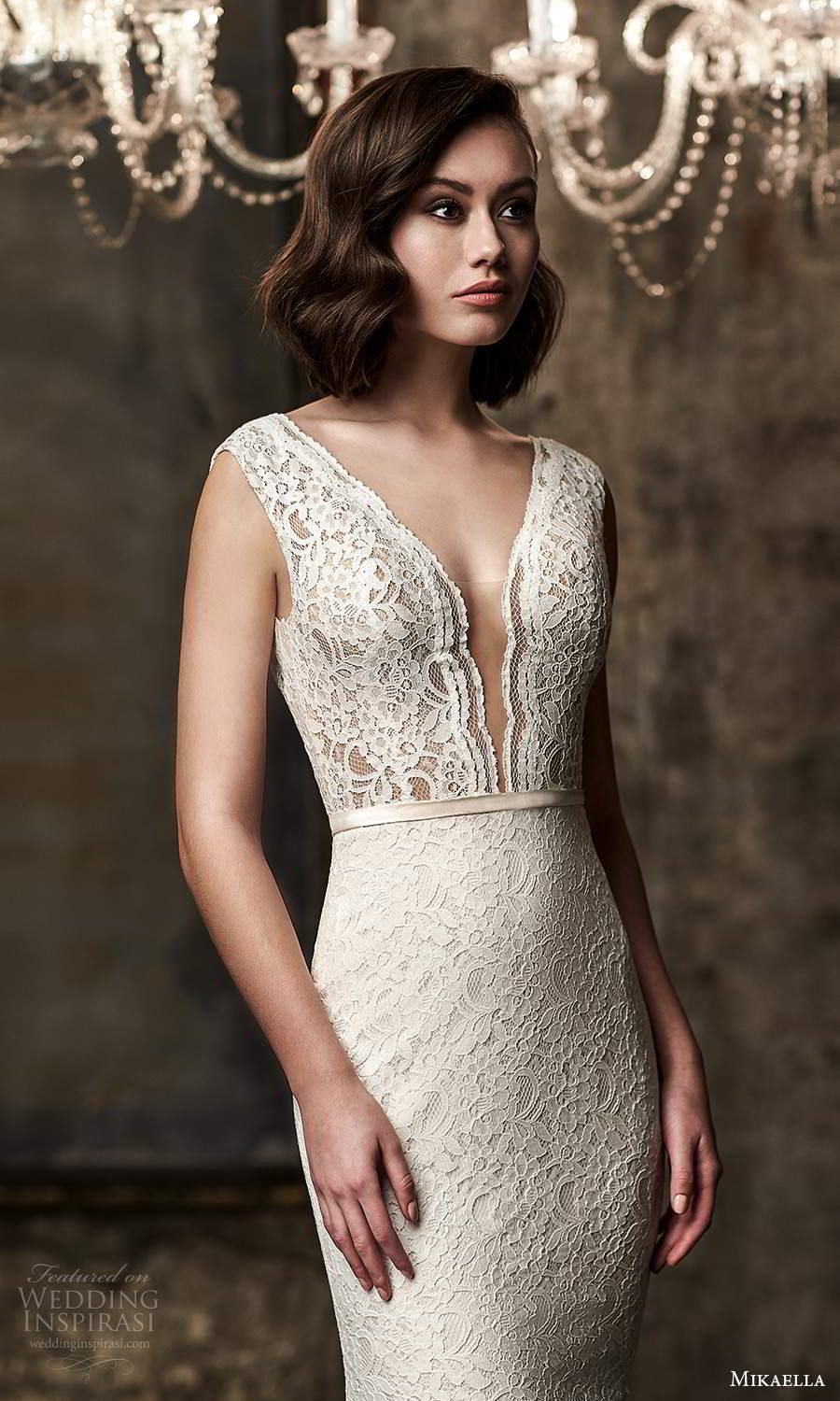 mikaella fall 2020 bridal cap sleeves plunging v neckline fully embellished lace sheath wedding dress v back chapel train (13) zv