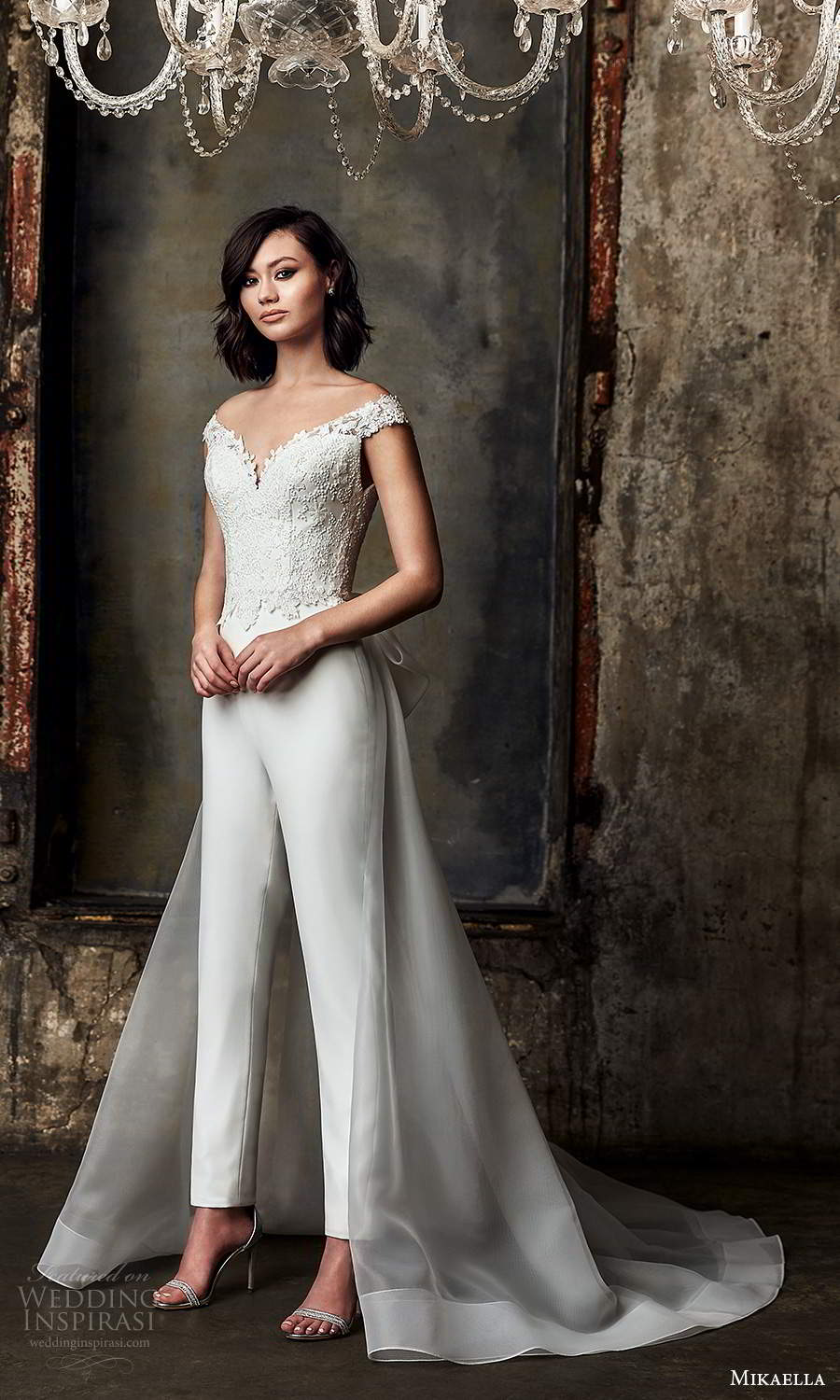 mikaella fall 2020 bridal off shoulder straps sweetheart neckline embellished bodice jumpsuit wedding dress overskirt chapel train (7) mv