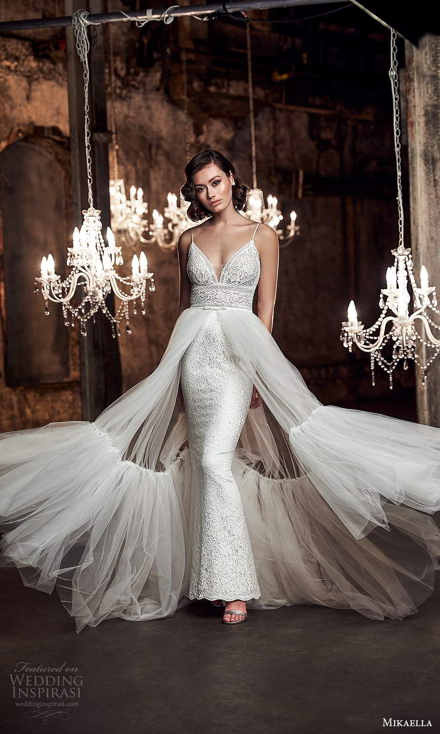 mikaella fall 2020 bridal sleeveless spaghetti straps plunging sweetheart neckline fully embellished sheath wedding dress sheer a line overksirt sweep train (4) mv