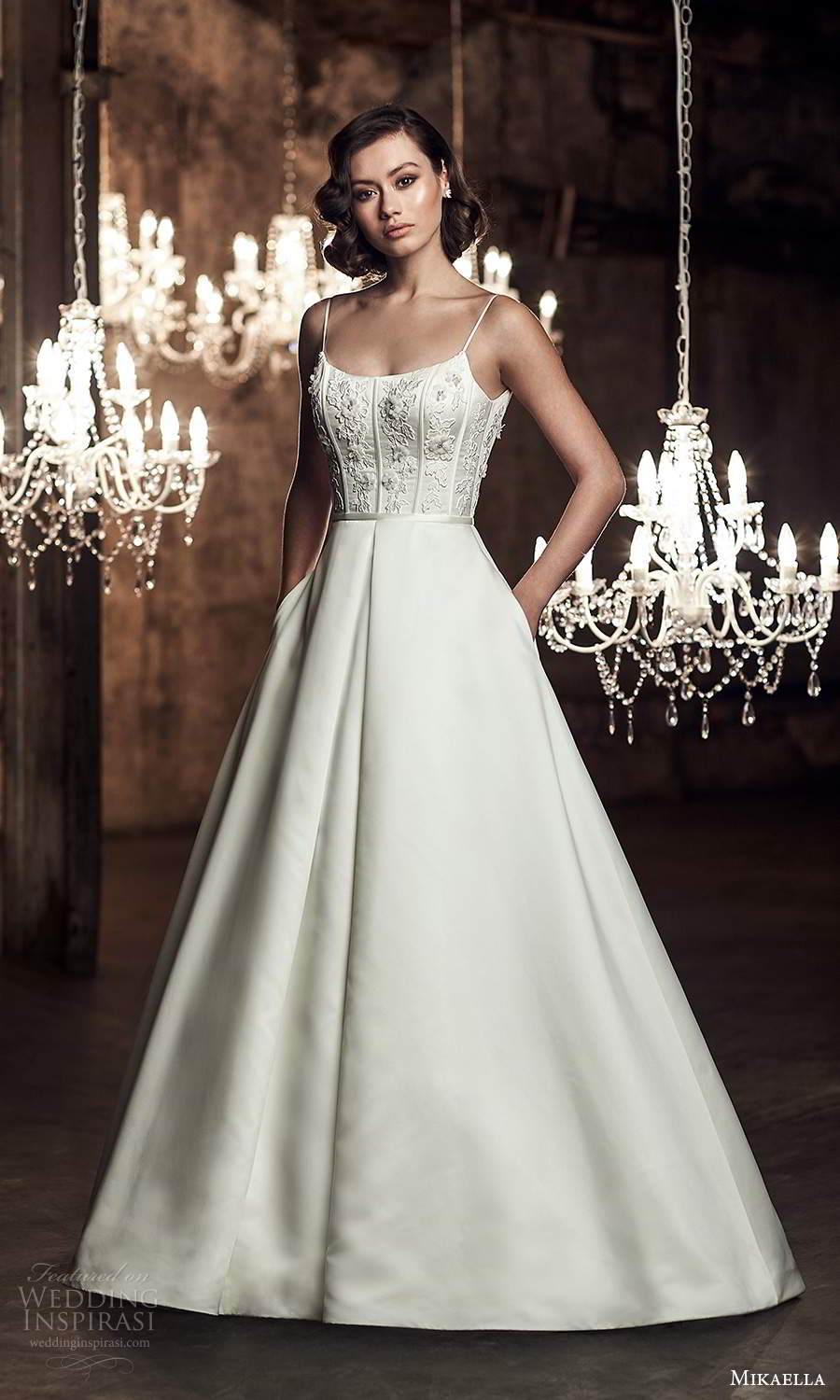 mikaella fall 2020 bridal sleeveless spaghetti straps scoop neckline embellished bodice a line ball gown wedding dress chapel train scoop back (10) mv