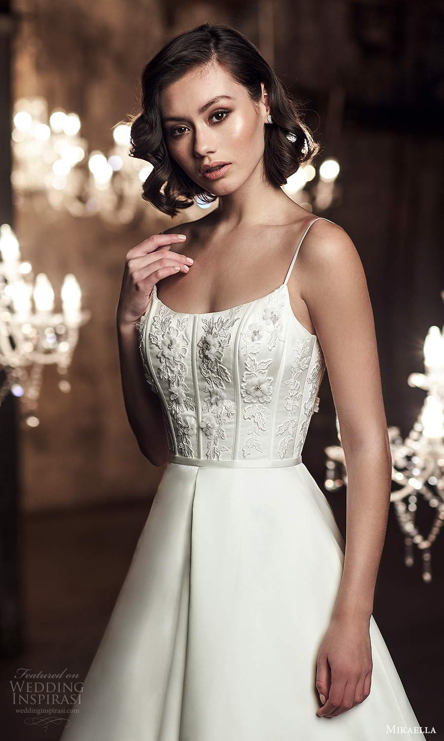 mikaella fall 2020 bridal sleeveless spaghetti straps scoop neckline embellished bodice a line ball gown wedding dress chapel train scoop back (10) zv