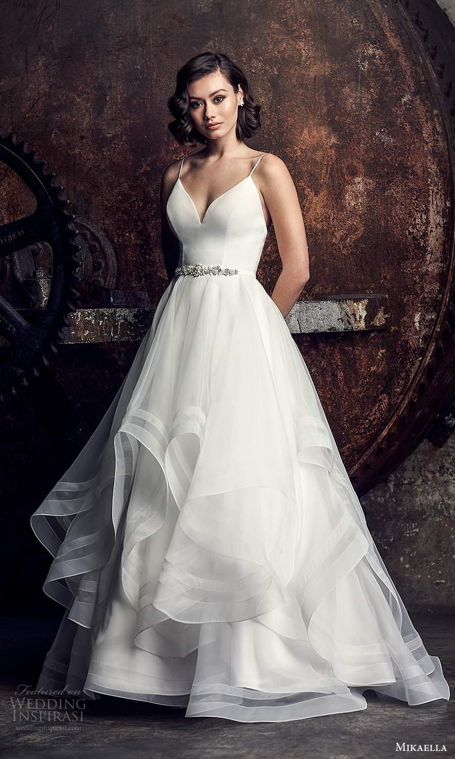 mikaella fall 2020 bridal sleeveless spaghetti straps sweetheart neckline clean minimalist a line ball gown wedding dress tiered skirt chapel train (1) mv