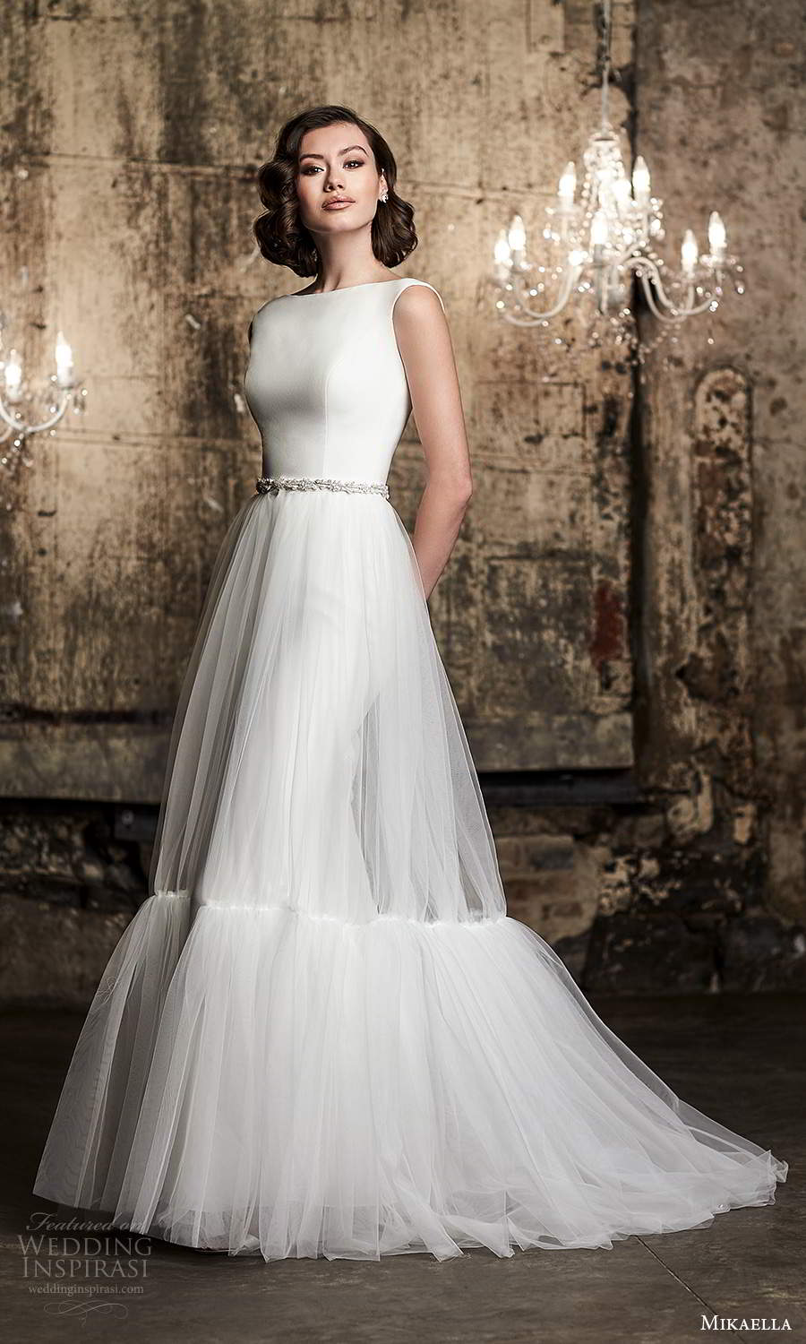 mikaella fall 2020 bridal sleeveless straps bateau neckline clean minimalist sheath wedding dress a line overskirt (14) mv