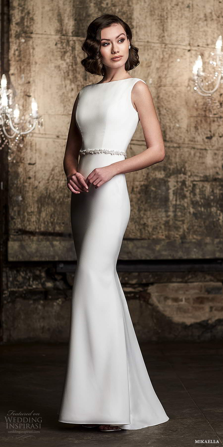 mikaella fall 2020 bridal sleeveless straps bateau neckline clean minimalist sheath wedding dress belt (14) mv