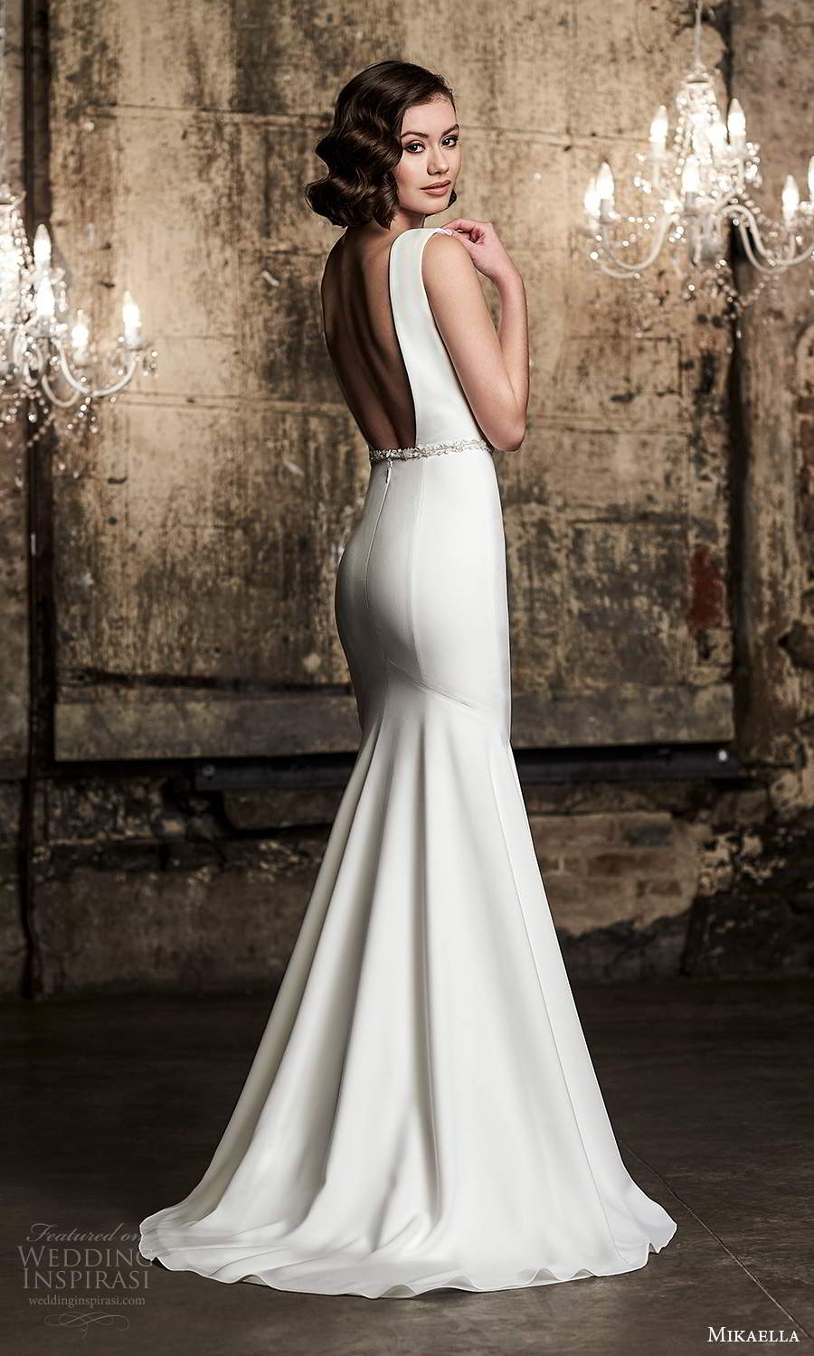 mikaella fall 2020 bridal sleeveless straps bateau neckline clean minimalist sheath wedding dress low back (14) mv