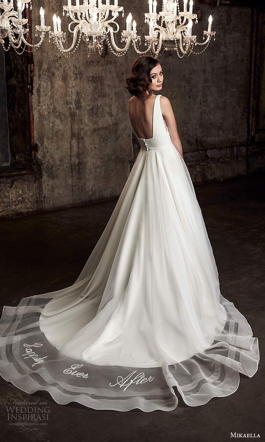 mikaella fall 2020 bridal sleeveless straps plunging v neckline clean minimalist a line ball gown wedding dress chapel train (11) bv