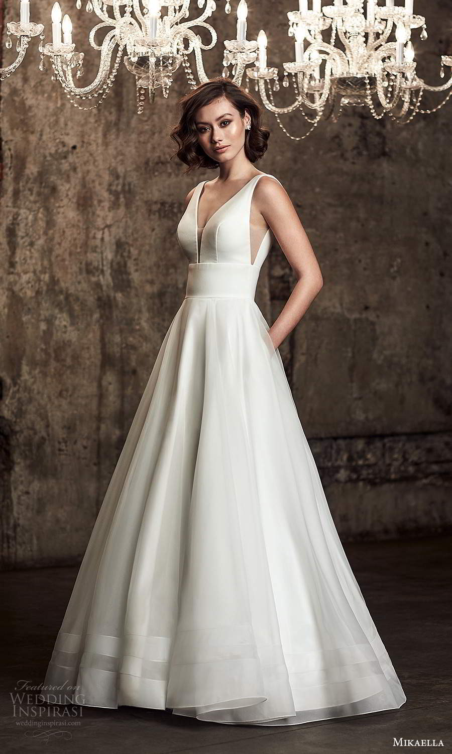 mikaella fall 2020 bridal sleeveless straps plunging v neckline clean minimalist a line ball gown wedding dress chapel train (11) mv