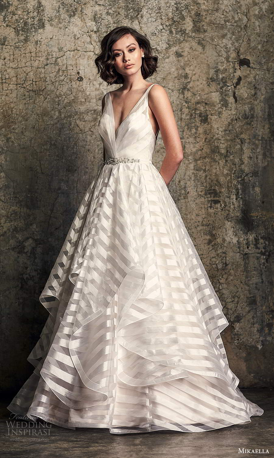 mikaella fall 2020 bridal sleeveless straps v neckline modern a line ball gown wedding dress tiered skirt chapel train (3) mv