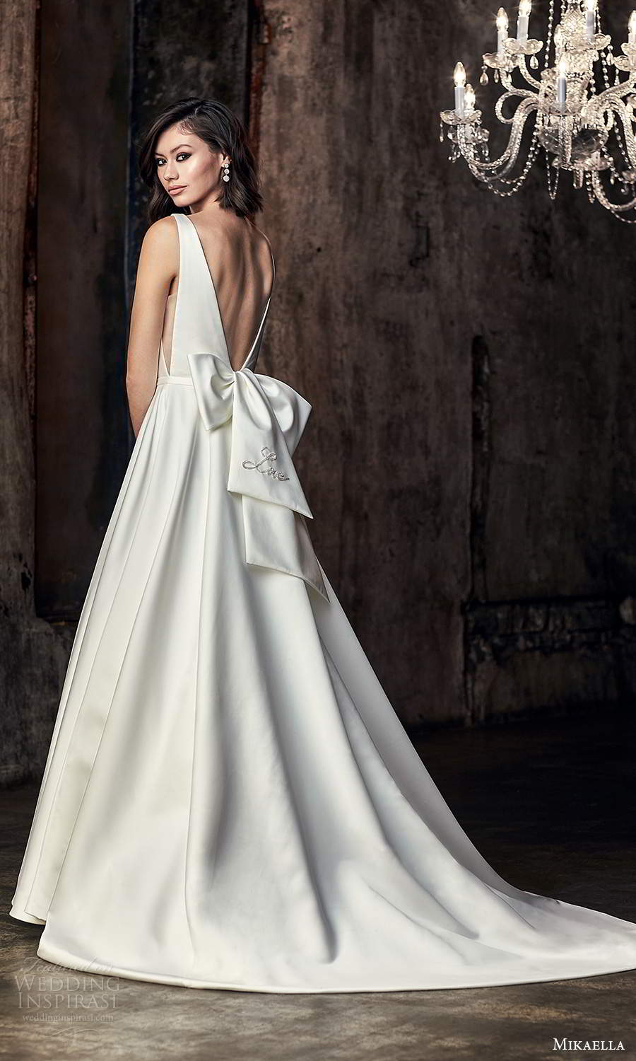 mikaella fall 2020 bridal sleeveless thick straps plunging v neckline clean minimalist modern a line ball gown wedding dress chapel train (6) bv