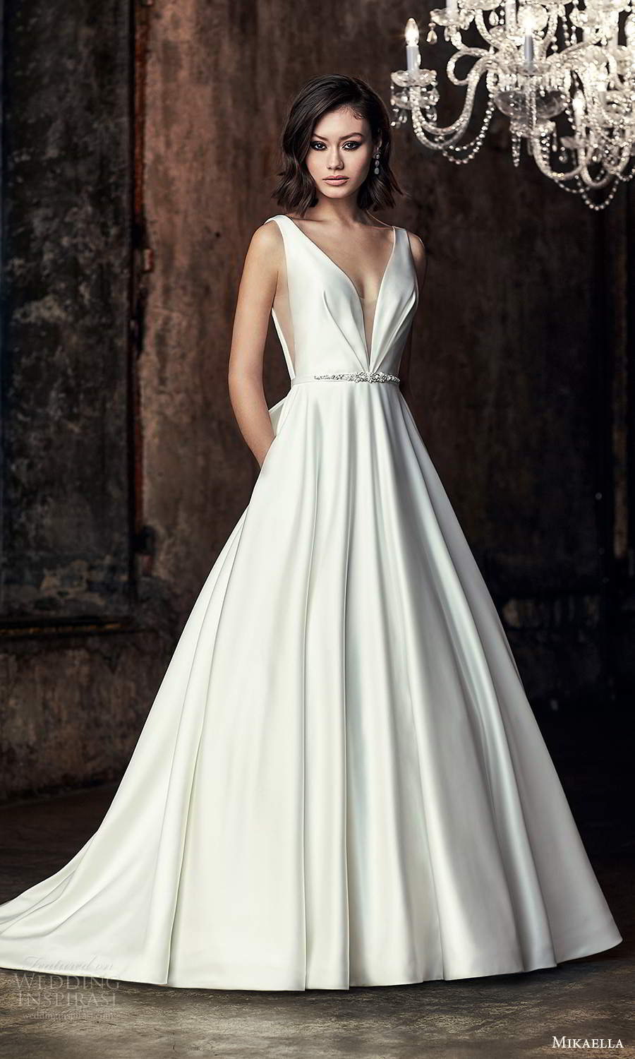 mikaella fall 2020 bridal sleeveless thick straps plunging v neckline clean minimalist modern a line ball gown wedding dress chapel train (6) mv