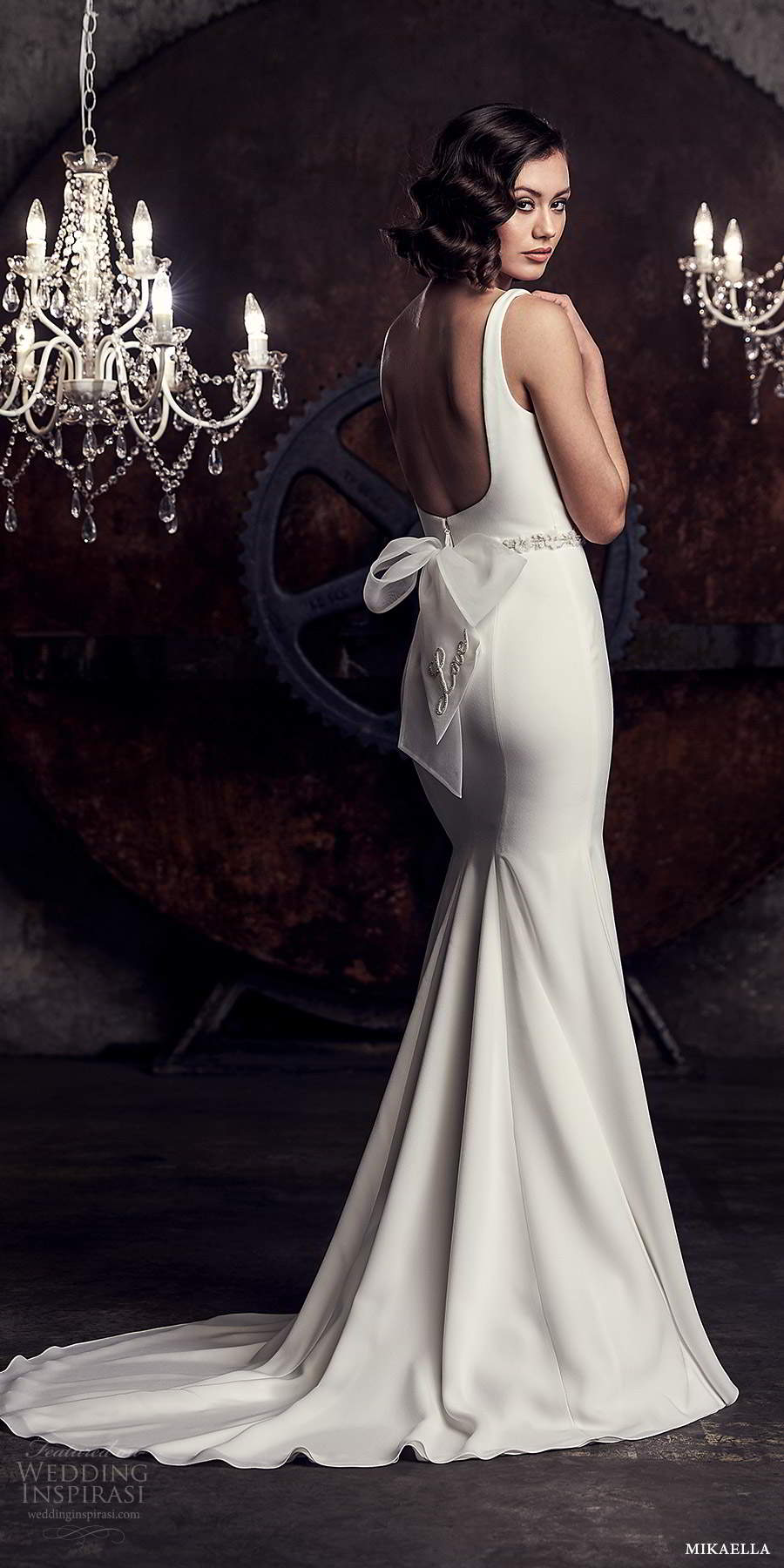mikaella fall 2020 bridal sleeveless thick straps square neckline clean minimalist modern sheath fit flare wedding dress slit skirt chapel train (9) bv