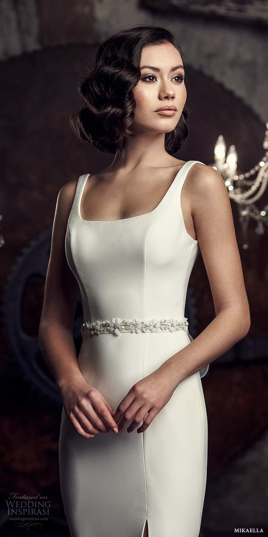 mikaella fall 2020 bridal sleeveless thick straps square neckline clean minimalist modern sheath fit flare wedding dress slit skirt chapel train (9) zv