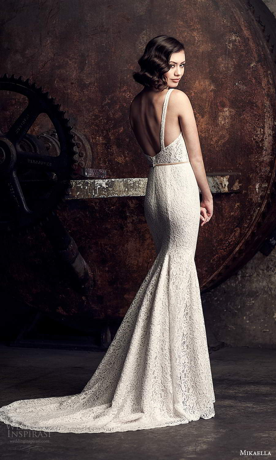 mikaella fall 2020 bridal sleeveless thick straps square neckline fully embellished sheath wedding dress chapel train (15) bv