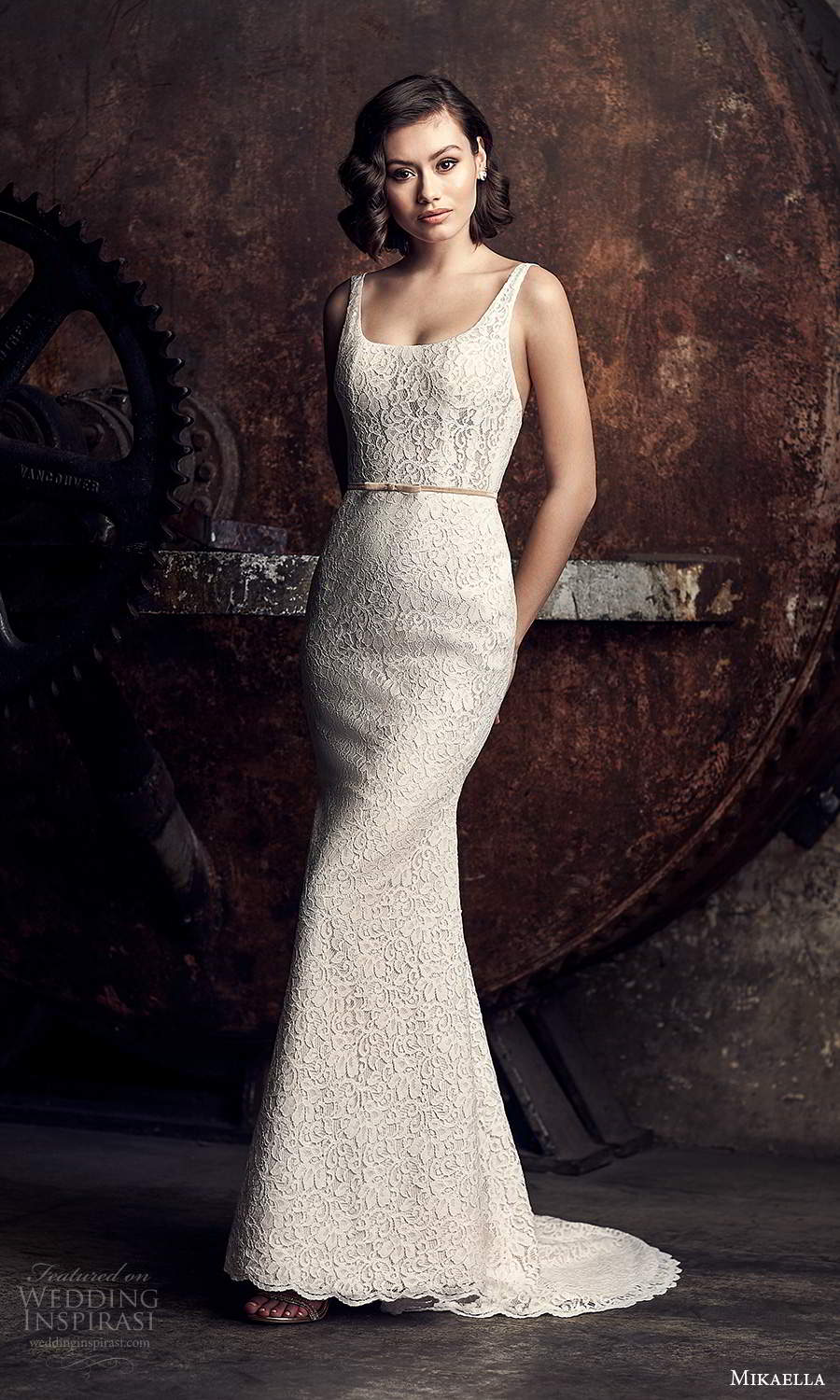 mikaella fall 2020 bridal sleeveless thick straps square neckline fully embellished sheath wedding dress chapel train (15) mv