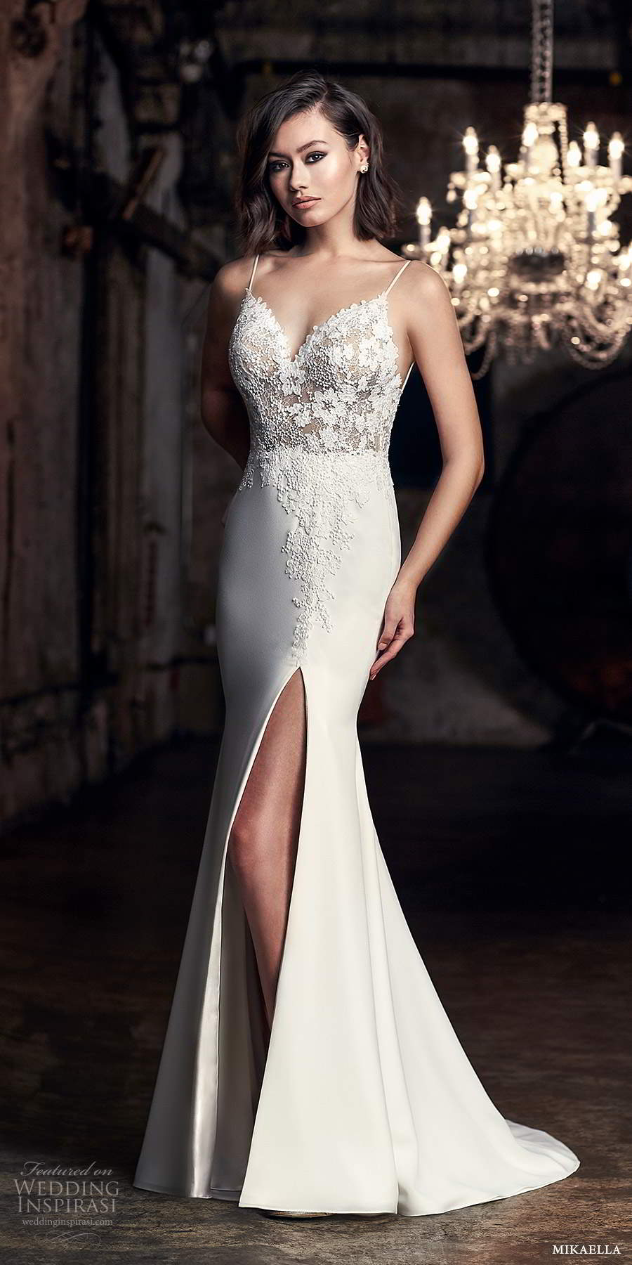 mikaella fall 2020 bridal sleeveless thing straps sweetheart neckline embellished lace bodice fit flare mermaid wedding dress slit skirt low back chapel train (5) mv