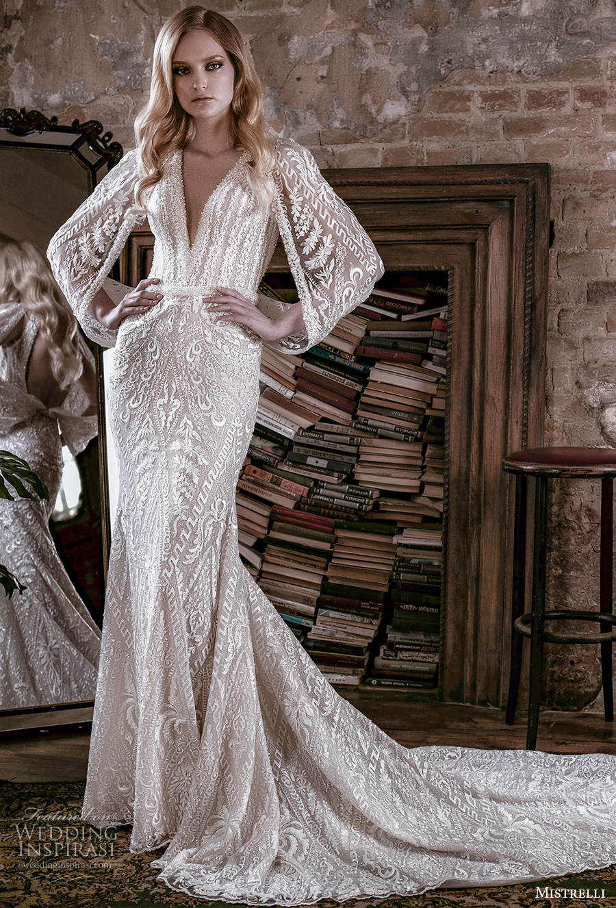 mistrelli 2021 royal drama bridal long hanging sleeves v neck full embellishment glamorous elegant sheath wedding dress backless low back chapel train (2) mv mistrelli 2021 royal drama bridal long hanging sleeves v neck full embellishment glamorous elegant sheath wedding dress backless low back chapel train (2) mv