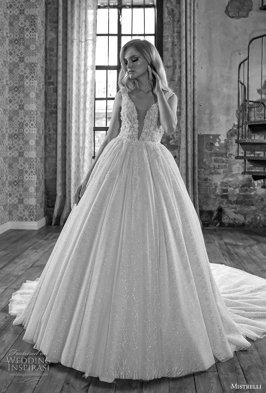 mistrelli 2021 royal drama bridal sleeveless deep v neck heavily embellished bodice romantic ball gown a line weding dress backless low v back chapel train (3) mv mistrelli 2021 royal drama bridal sleeveless deep v neck heavily embellished bodice romantic ball gown a line weding dress backless low v back chapel train (3) mv
