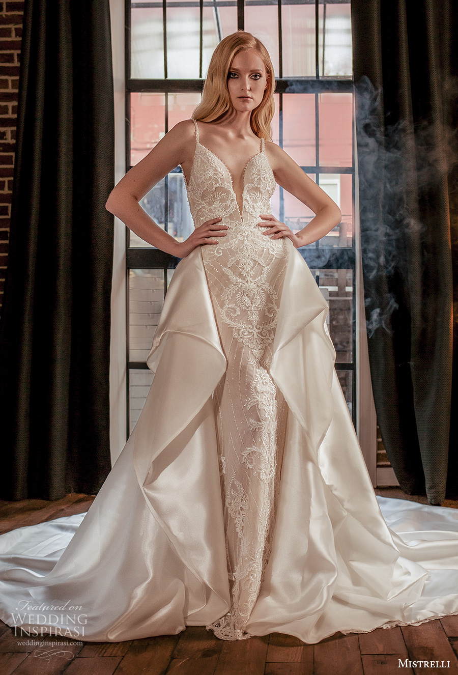 mistrelli 2021 royal drama bridal sleeveless thin strap deep sweetheart neckline full embellishment glamorous sheath wedding dress a line overskirt backless low back chapel train (9) mv mistrelli 2021 royal drama bridal sleeveless thin strap deep sweetheart neckline full embellishment glamorous sheath wedding dress a line overskirt backless low back chapel train (9) mv
