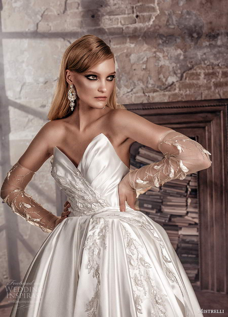 mistrelli 2021 royal drama bridal strapless sweetheart neckline ruched bodice embellished a line ball gown wedding dress chapel train (16) zv