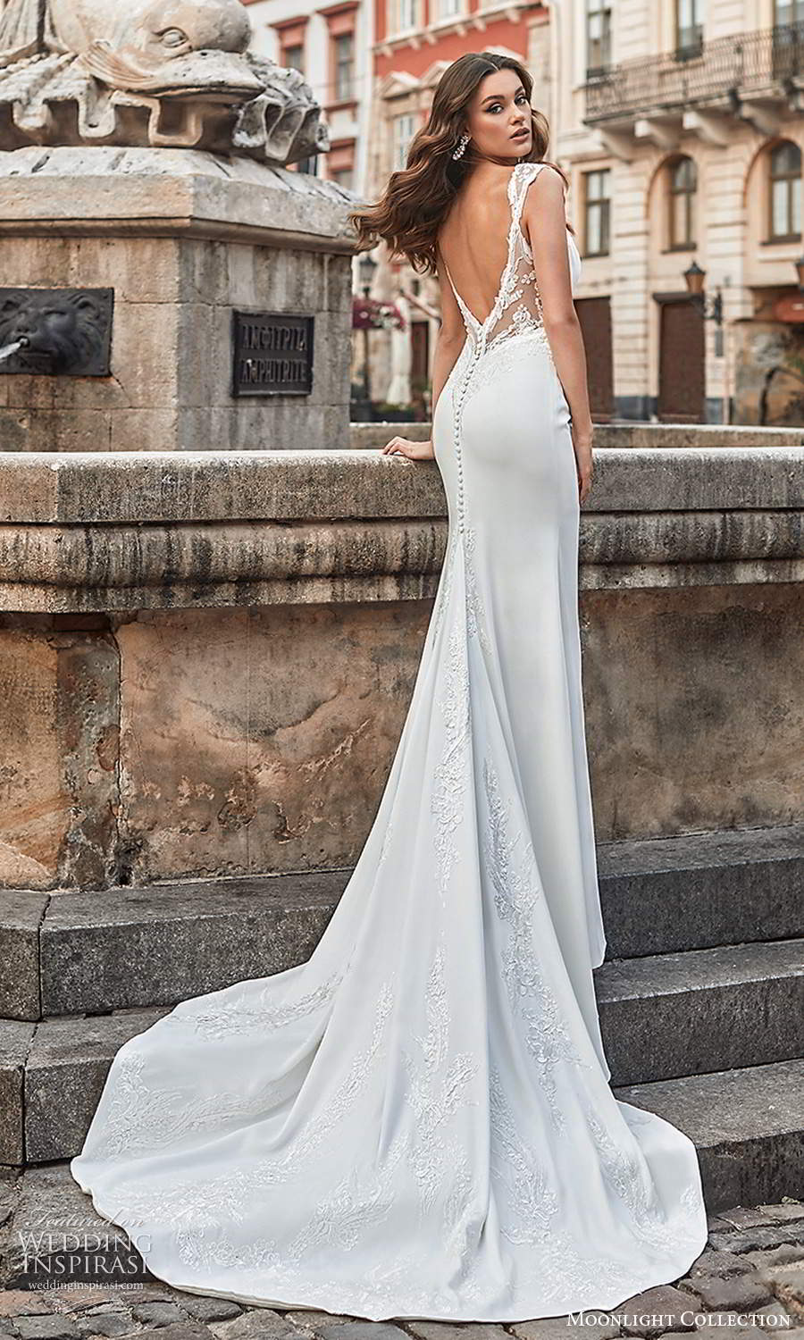 moonlight collection spring 2021 bridal cap sleeves straps embellished sweetheart neckline clean minimalist sheath wedding dress chapel train (4) bv