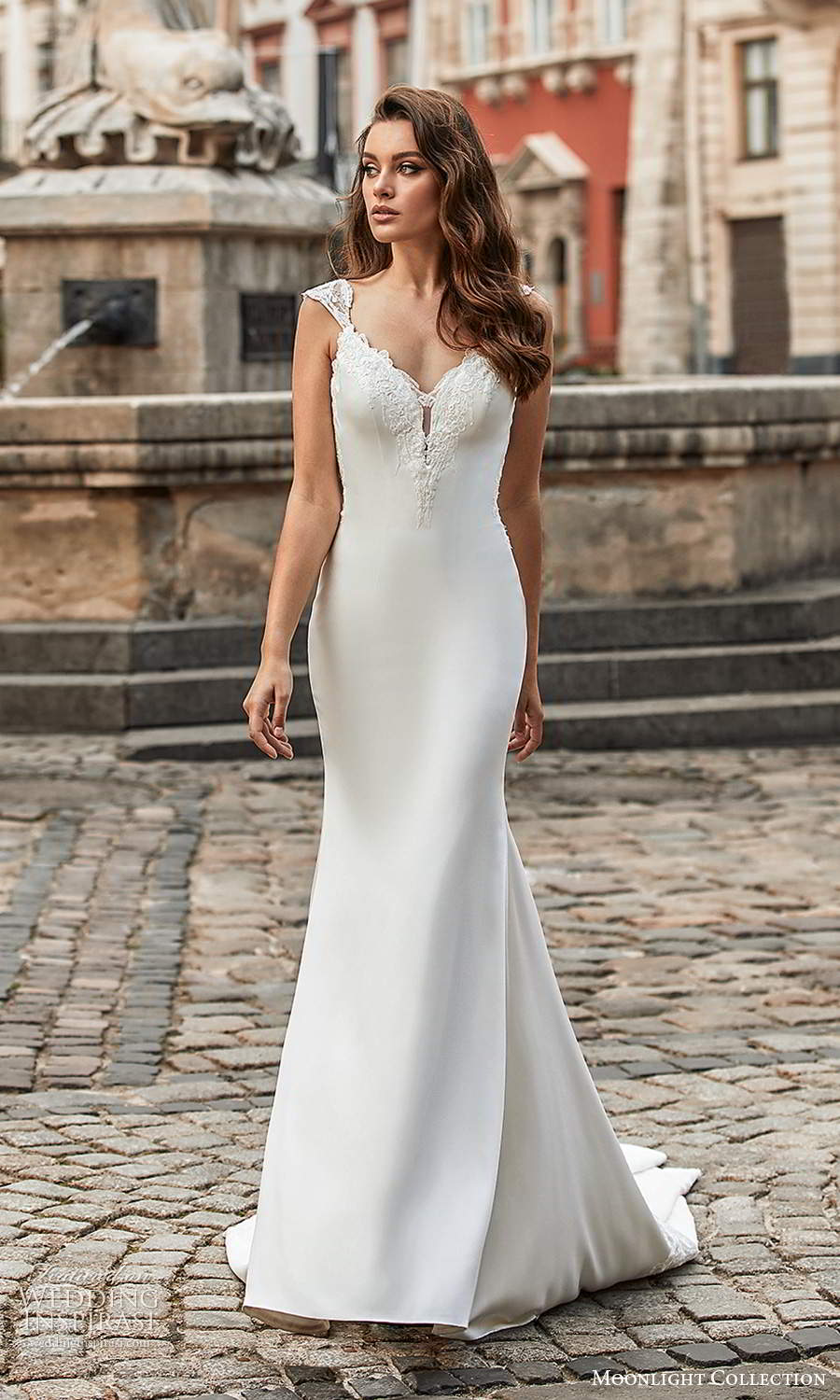 moonlight collection spring 2021 bridal cap sleeves straps embellished sweetheart neckline clean minimalist sheath wedding dress chapel train (4) mv