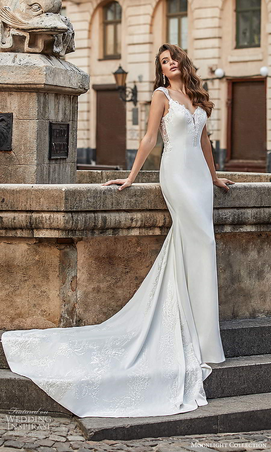 moonlight collection spring 2021 bridal cap sleeves straps embellished sweetheart neckline clean minimalist sheath wedding dress chapel train (4) sv