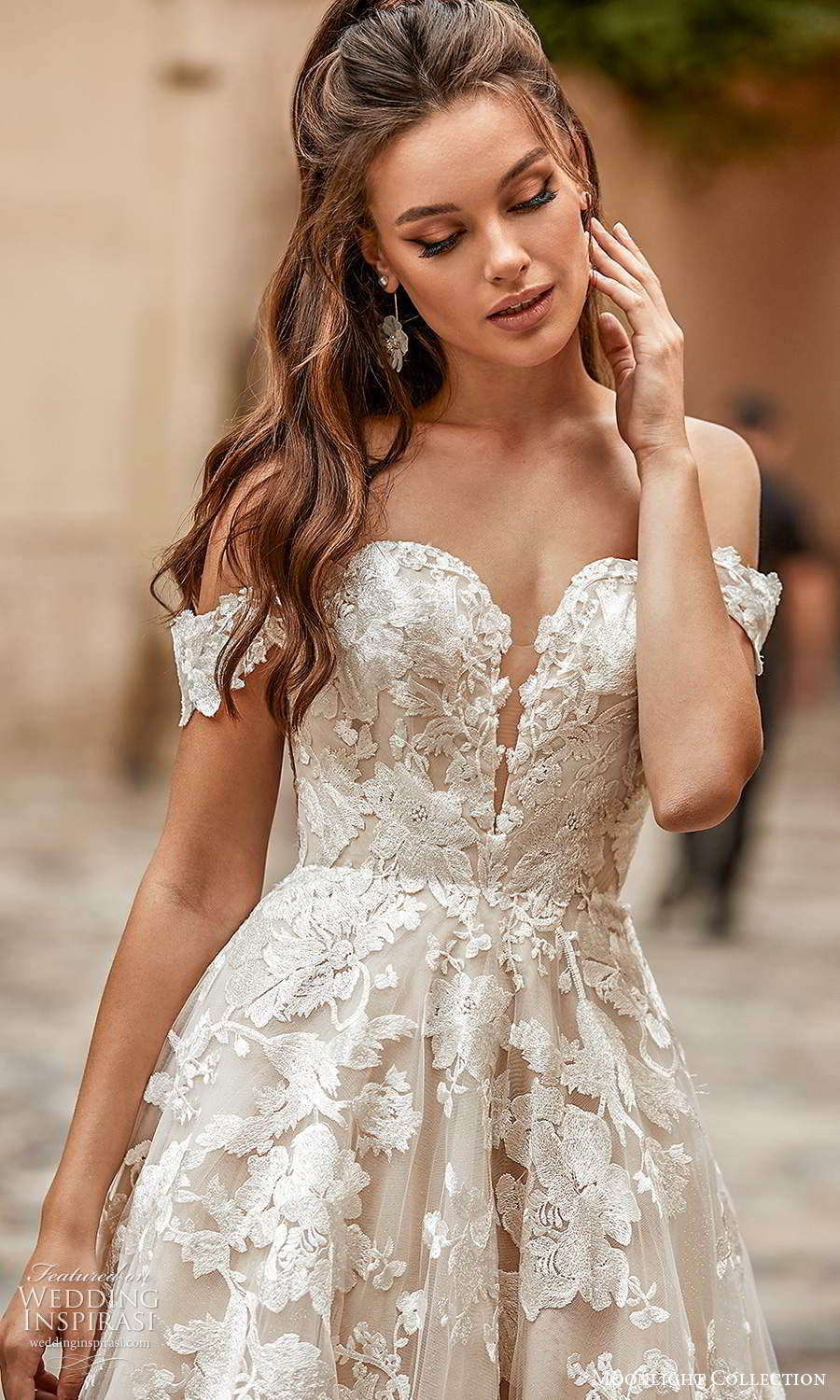 moonlight collection spring 2021 bridal off shoulder straps sweetheart neckline fullly embellished a line ball gown wedding dress chapel train (8) zv