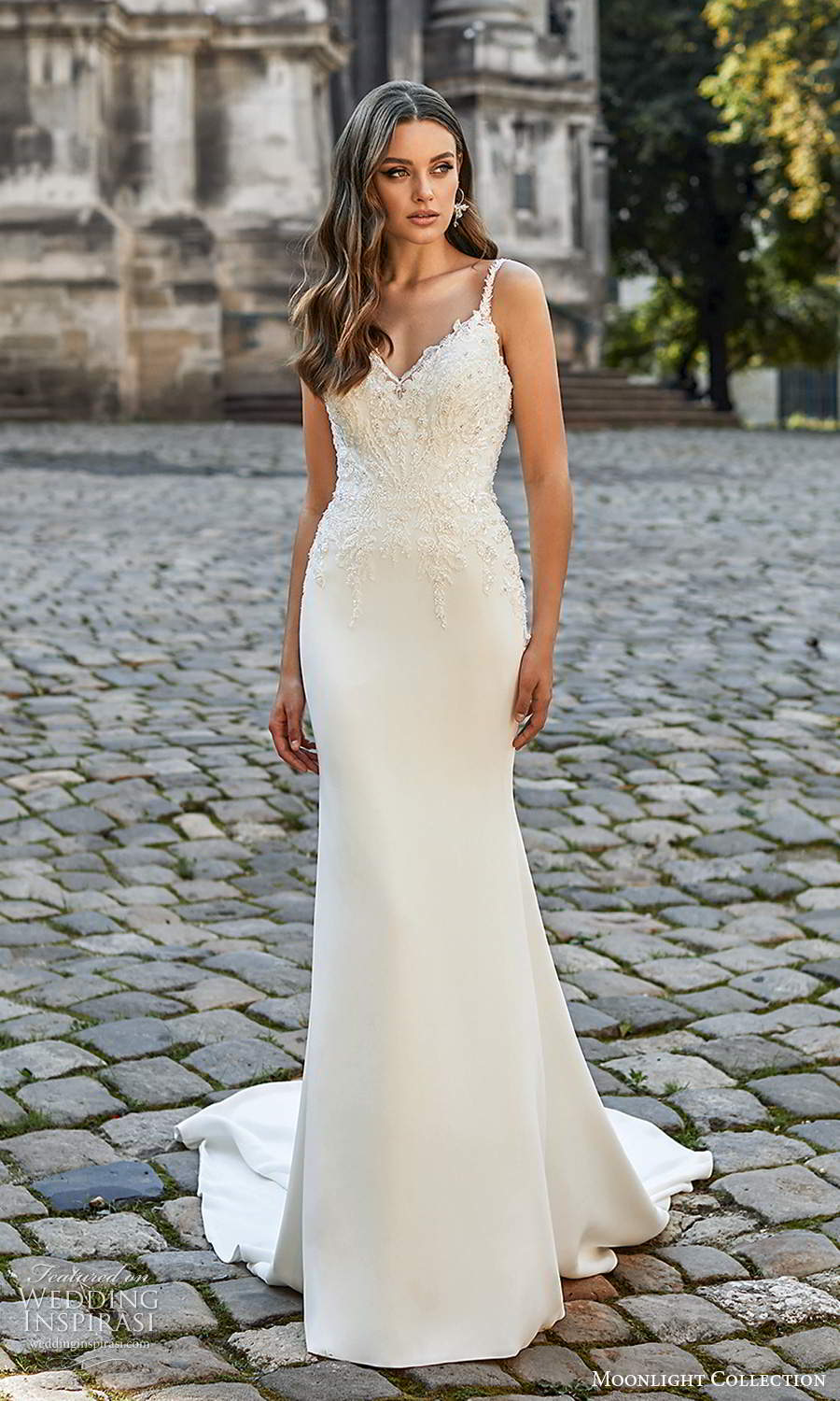 moonlight collection spring 2021 bridal sleeveless beaded straps sweetheart v neckline embellished bodice sheath wedding dress chapel train (5) mv