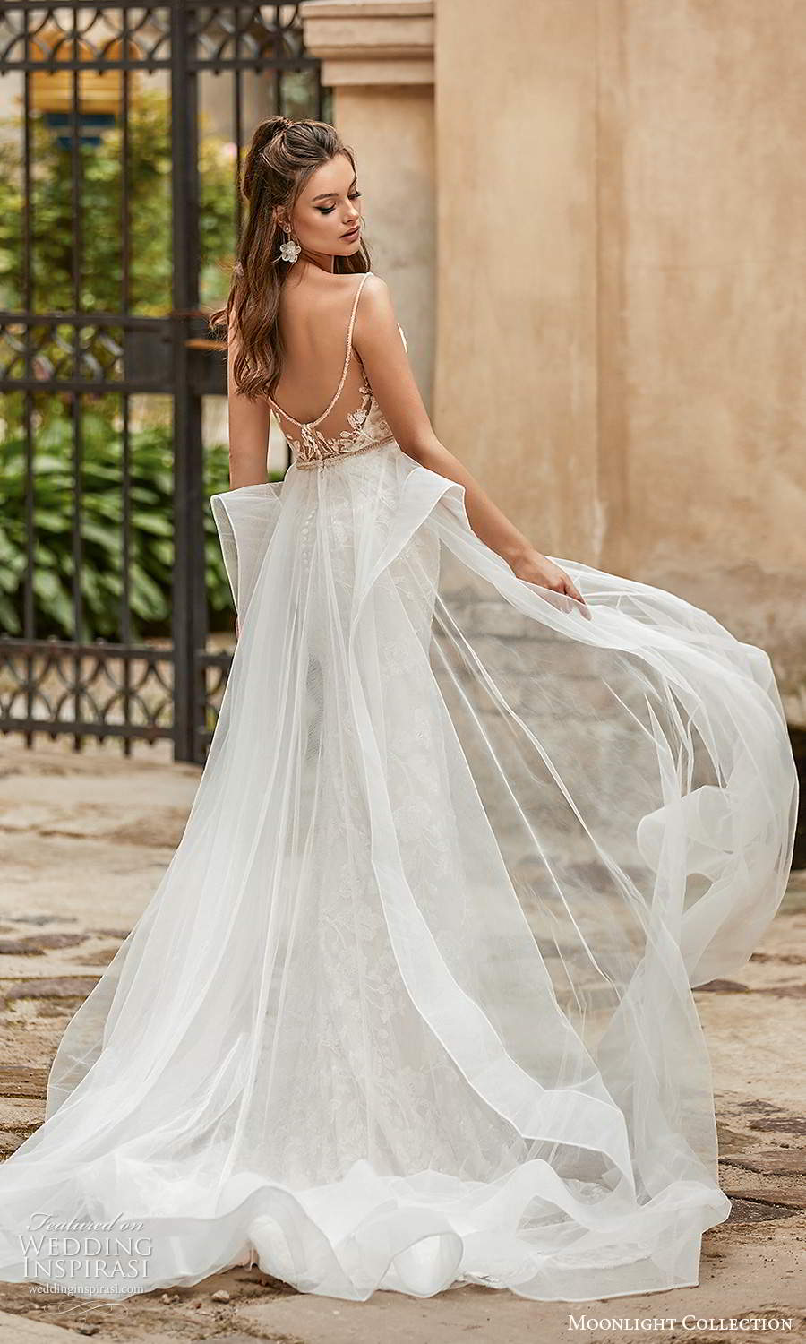 moonlight collection spring 2021 bridal sleeveless spaghetti straps sweetheart neckline fully embellished sheath wedding dress a line overskirt chapel train (10) bv