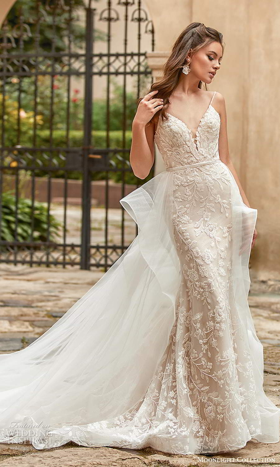 moonlight collection spring 2021 bridal sleeveless spaghetti straps sweetheart neckline fully embellished sheath wedding dress a line overskirt chapel train (10) mv