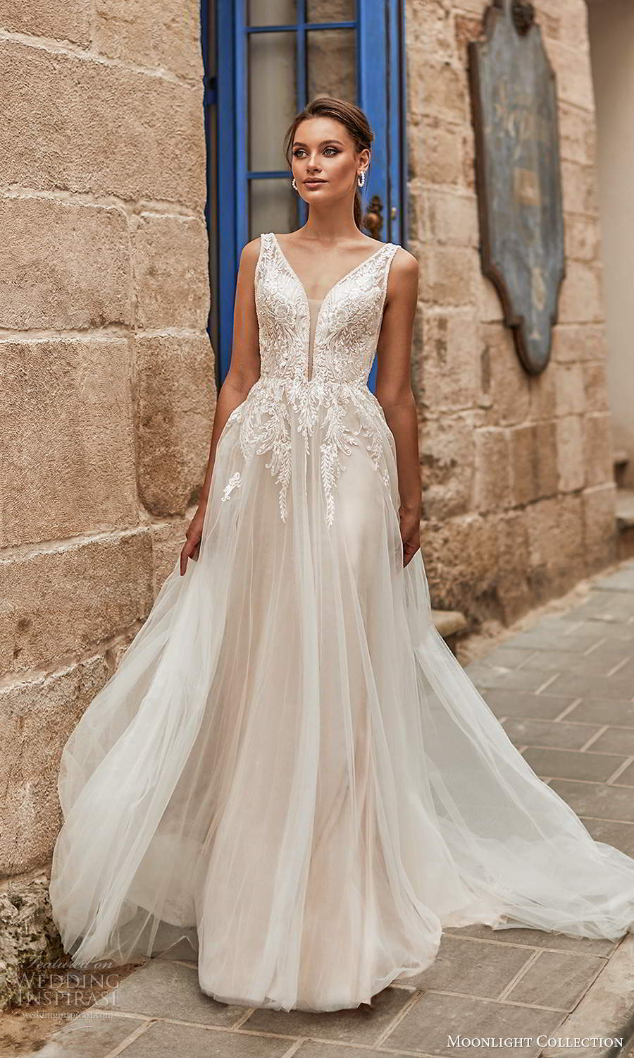 moonlight collection spring 2021 bridal sleeveless straps plunging v neckline embellished bodie a line ball gown wedding dress chapel train blush (1) mv