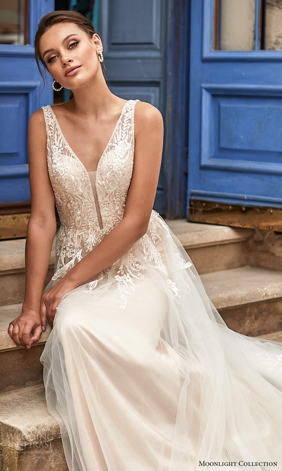 moonlight collection spring 2021 bridal sleeveless straps plunging v neckline embellished bodie a line ball gown wedding dress chapel train blush (1) zv