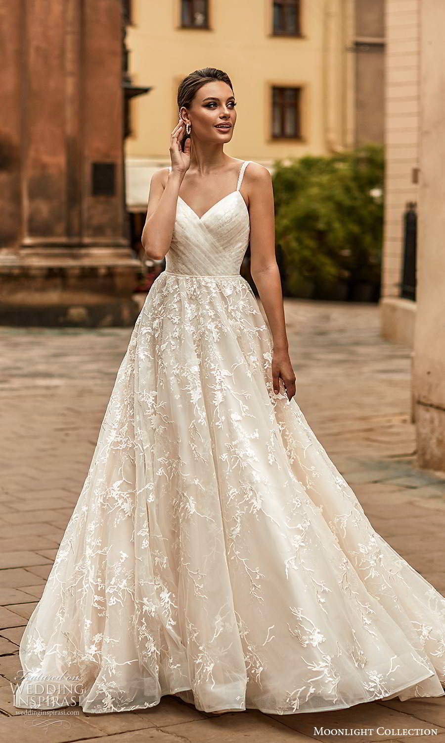 moonlight collection spring 2021 bridal sleeveless straps v neckline ruched bodice a line ball gown wedding dress chapel train (6) mv