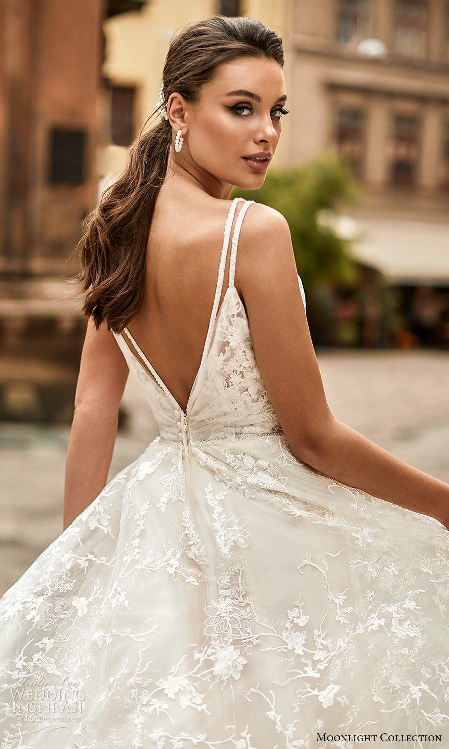 moonlight collection spring 2021 bridal sleeveless straps v neckline ruched bodice a line ball gown wedding dress chapel train (6) zbv