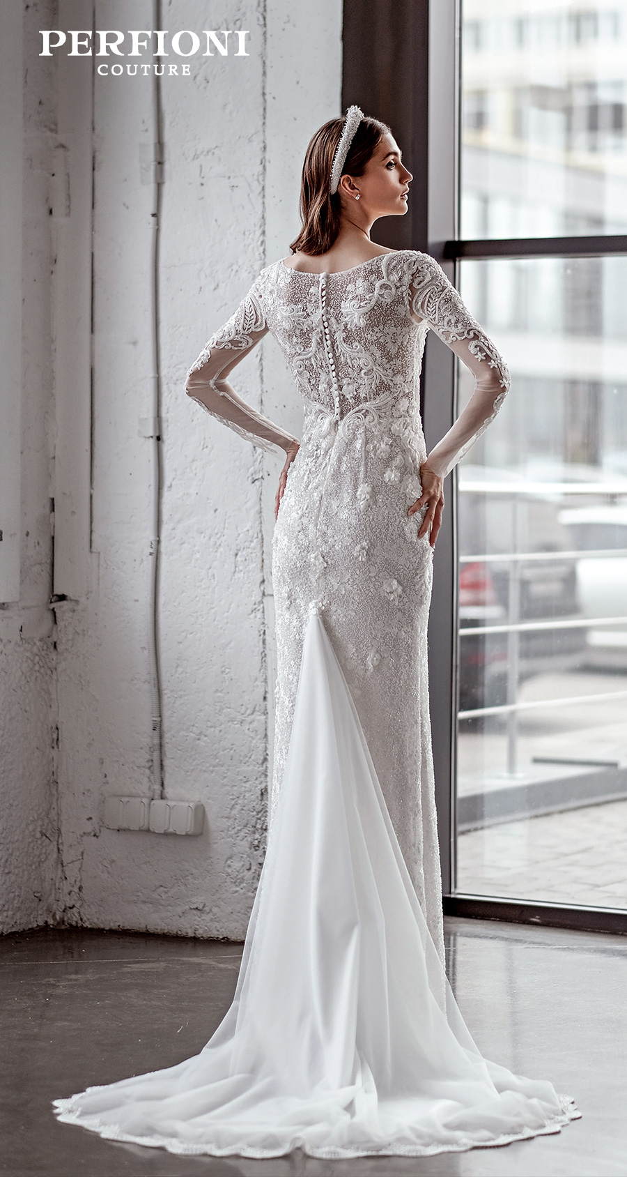 perfioni 2020 love season bridal long sleeves v neck full embellishment elegant sheath wedding dress covered lace back sweep train (sarah) bv