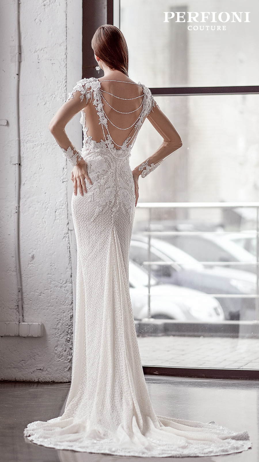 perfioni 2020 love season bridal long sleeves v neck full embellishment elegant sheath wedding dress jewellery cowl back medium train (wilow) bv 