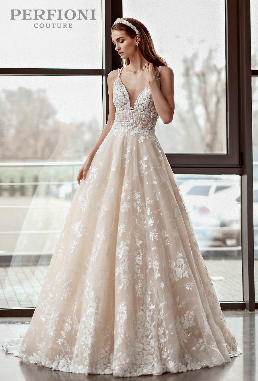 perfioni 2020 love season bridal sleeveless double strap v neck full embellishment romantic ivory a line wedding dress v back medium train (abigail) mv