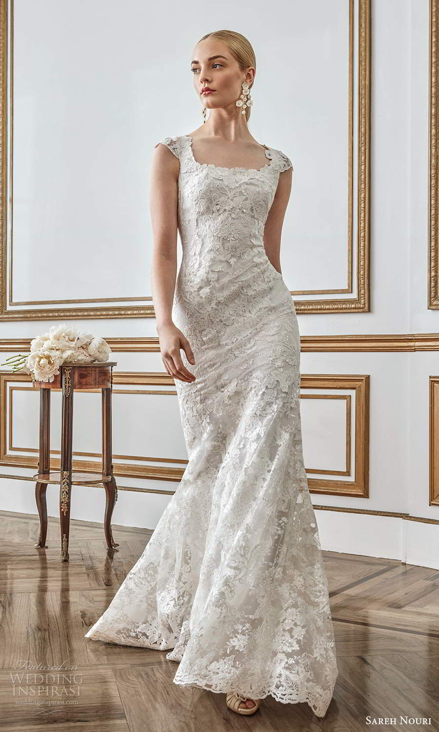 sareh nouri fall 2021 bridal mini cap sleeves square neckline fully embellished lace sheath wedding dress sweep train (12) mv