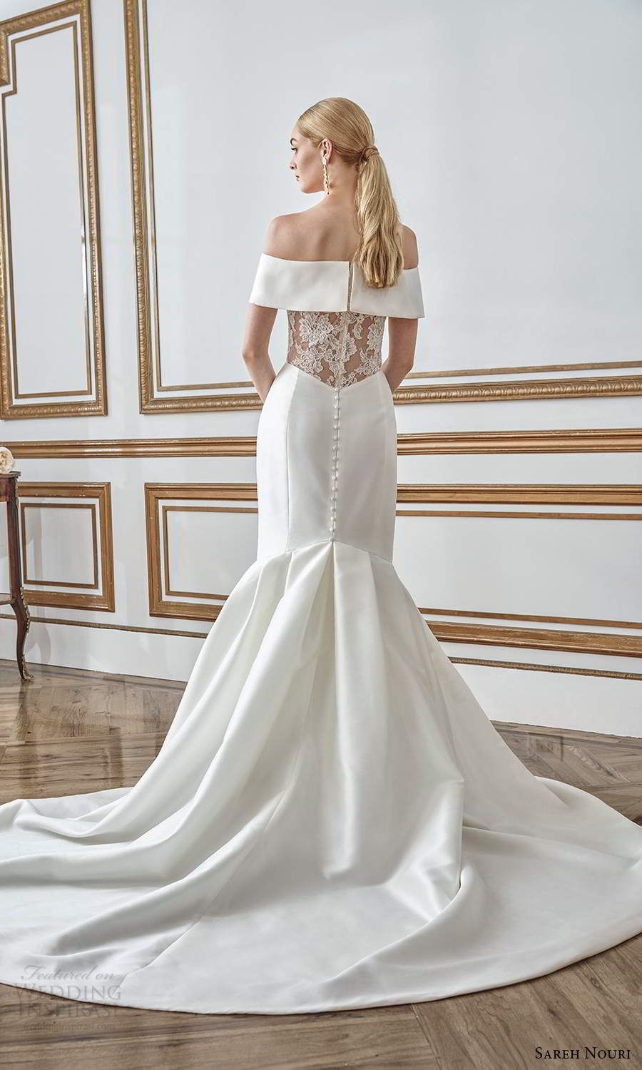 sareh nouri fall 2021 bridal off shoulder sleeves straight across neckline keyhole bodice clean minimalist mermaid wedding dress chapel train (1) bv