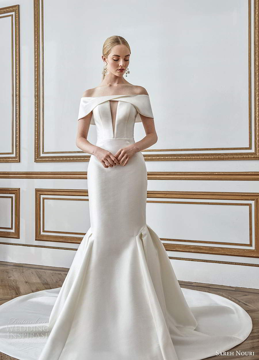 sareh nouri fall 2021 bridal off shoulder sleeves straight across neckline keyhole bodice clean minimalist mermaid wedding dress chapel train (1) mv