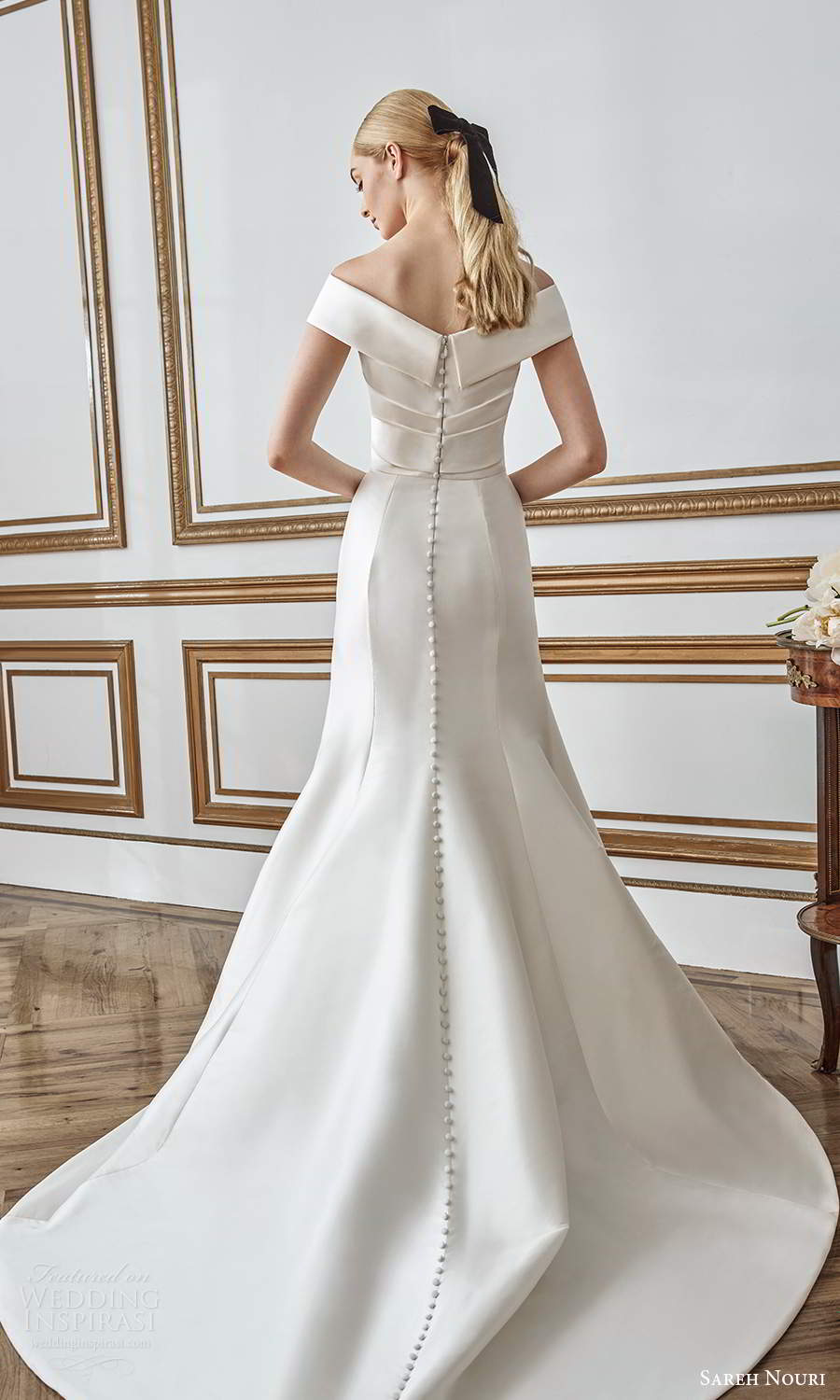 sareh nouri fall 2021 bridal off shoulder sleeves v neckline ruched bodice fit flare mermaid wedding dress chapel train (10) bv