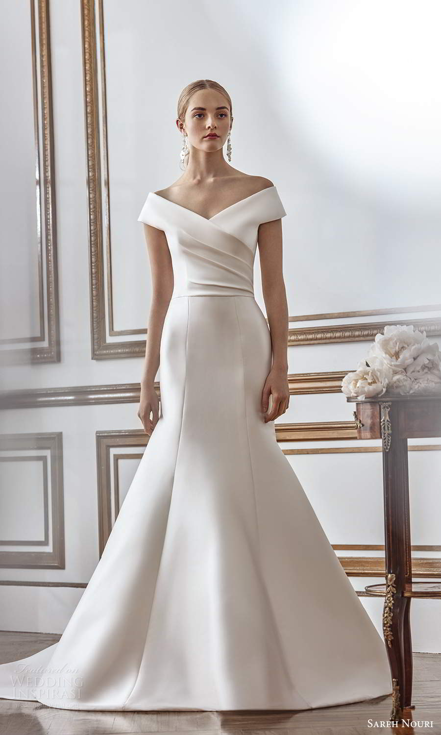sareh nouri fall 2021 bridal off shoulder sleeves v neckline ruched bodice fit flare mermaid wedding dress chapel train (10) mv sareh nouri fall 2021 bridal off shoulder sleeves v neckline ruched bodice fit flare mermaid wedding dress chapel train (10) mv