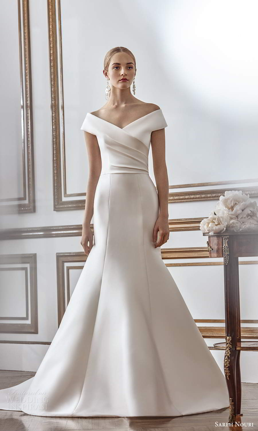 sareh nouri fall 2021 bridal off shoulder sleeves v neckline ruched bodice fit flare mermaid wedding dress chapel train (10) mv