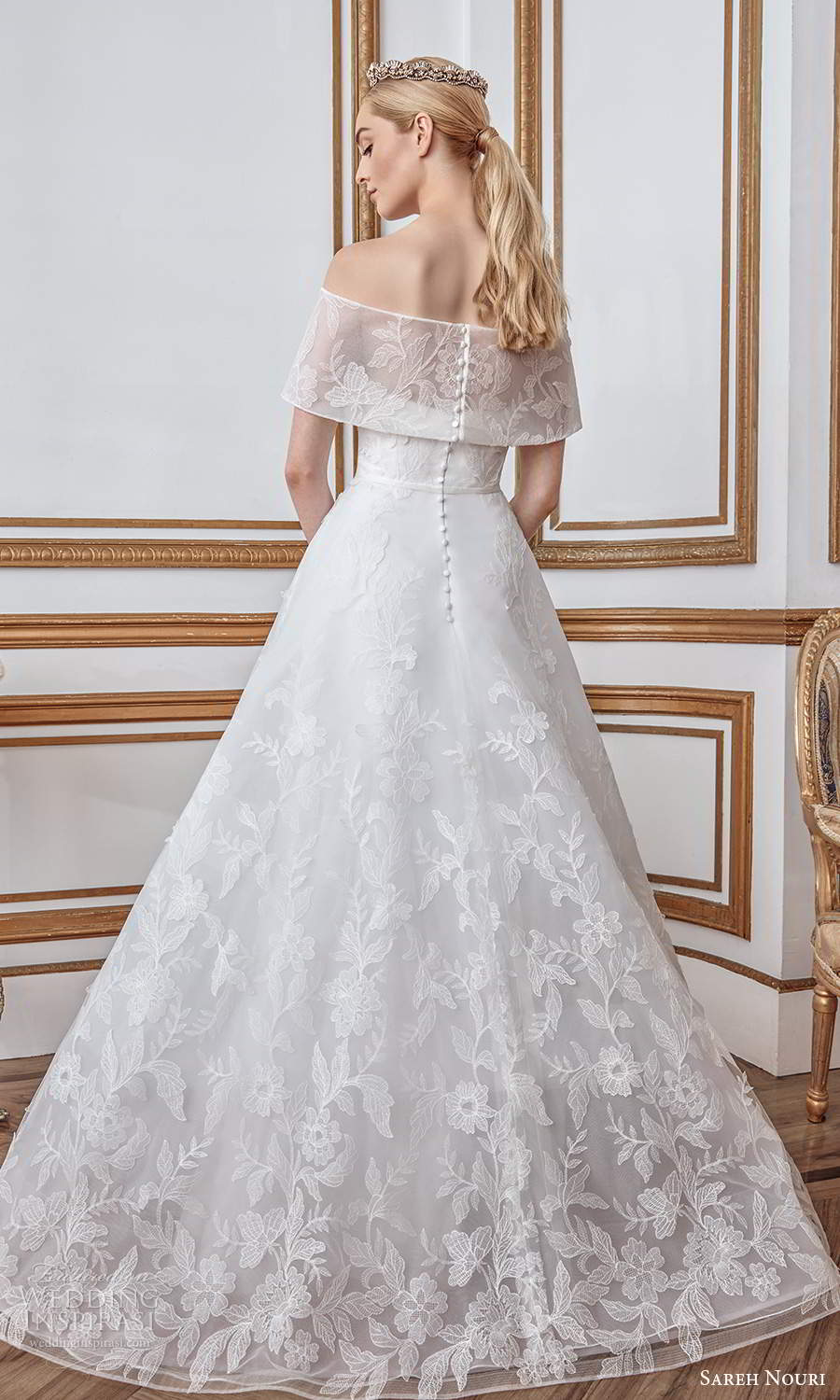 sareh nouri fall 2021 bridal short sleeves off shoulder foldover neckline fullyembellished lace a line ball gown wedding dress sweep train (4) bv