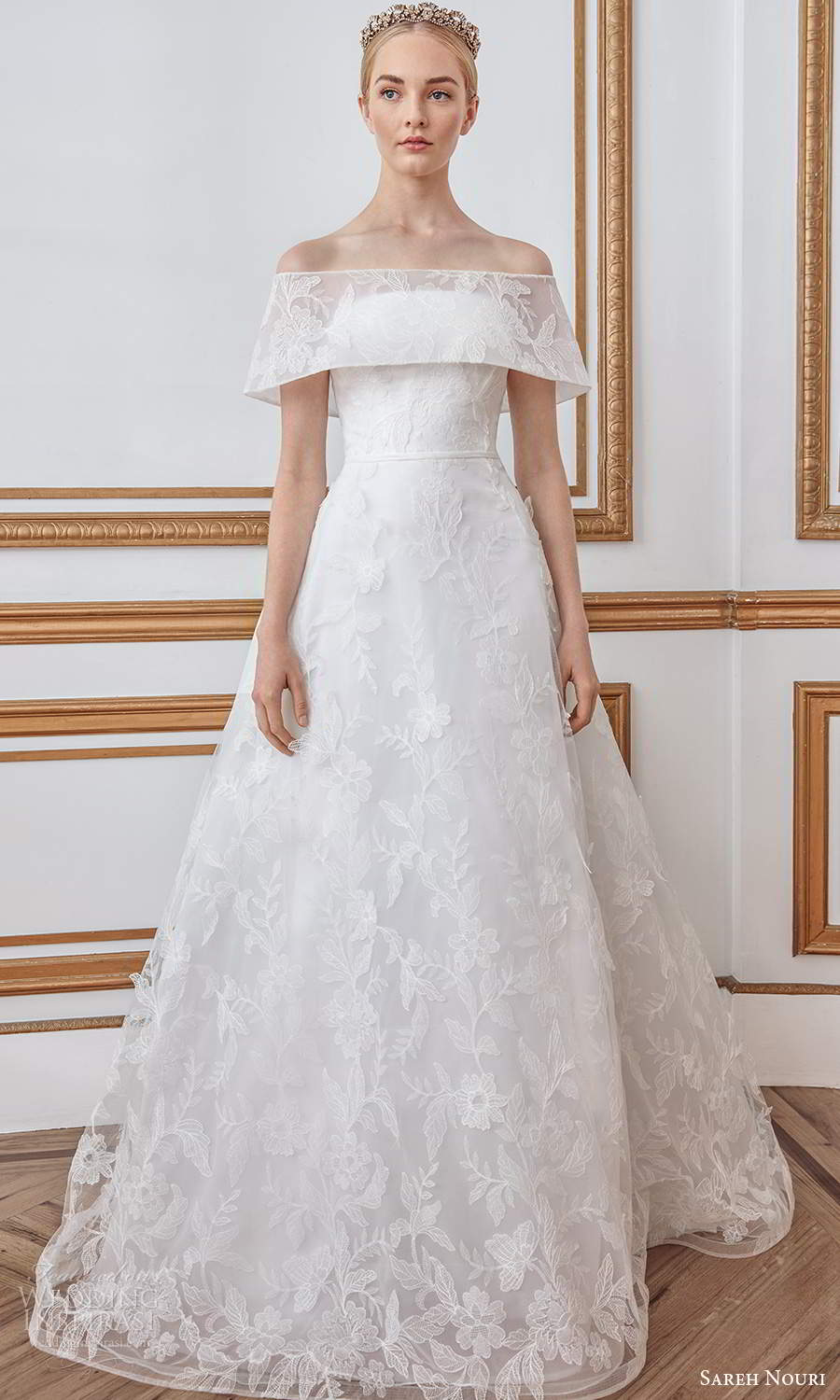 sareh nouri fall 2021 bridal short sleeves off shoulder foldover neckline fullyembellished lace a line ball gown wedding dress sweep train (4) mv